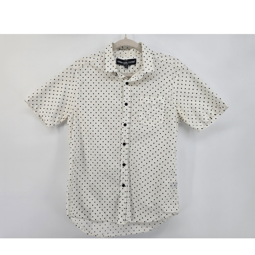 Sunday Work Clothes Mens Medium White Black Polka Dot Short Sleeve Button Down